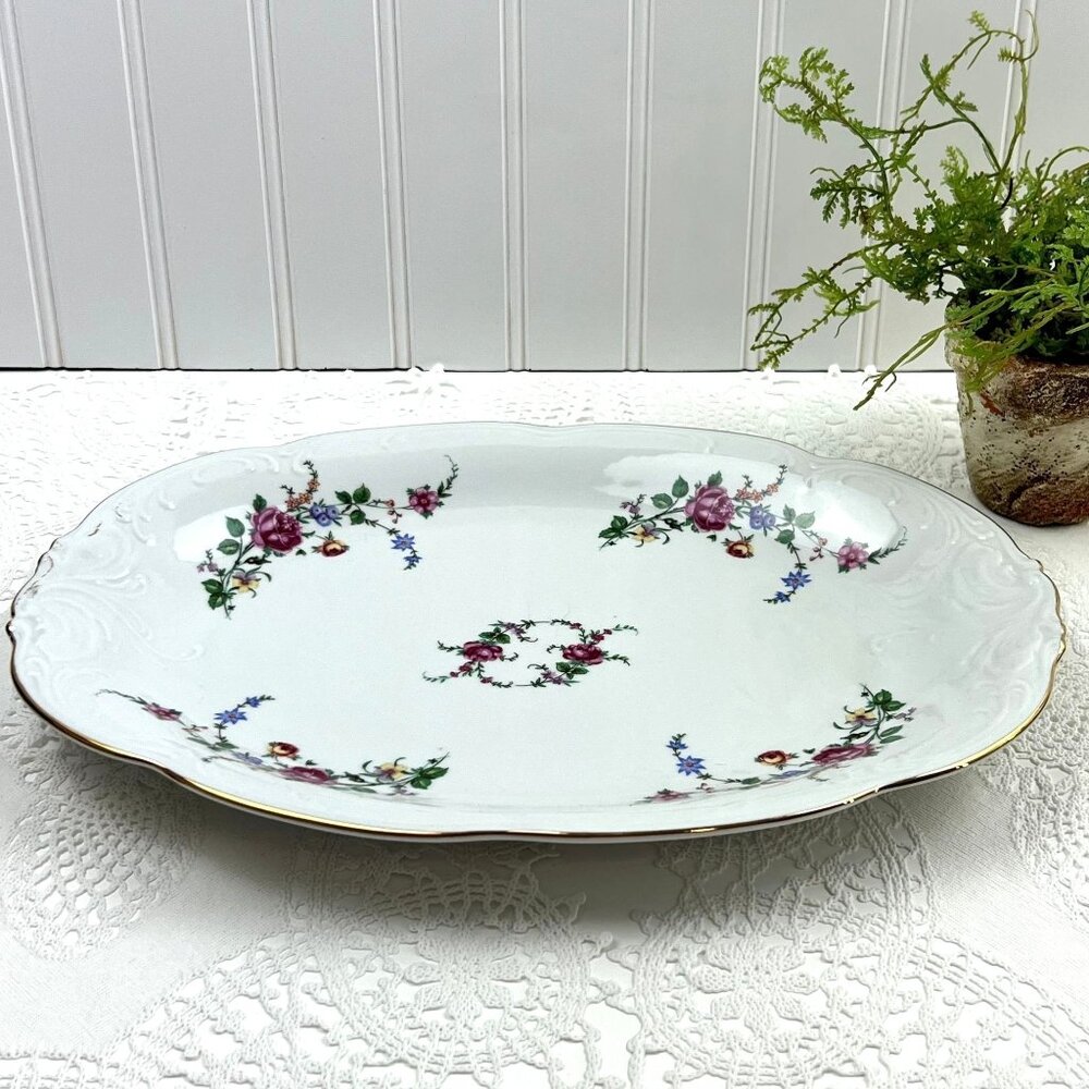 Wawel Poland Serving Platter Embossed Scalloped White Pink Roses 13" x 9"